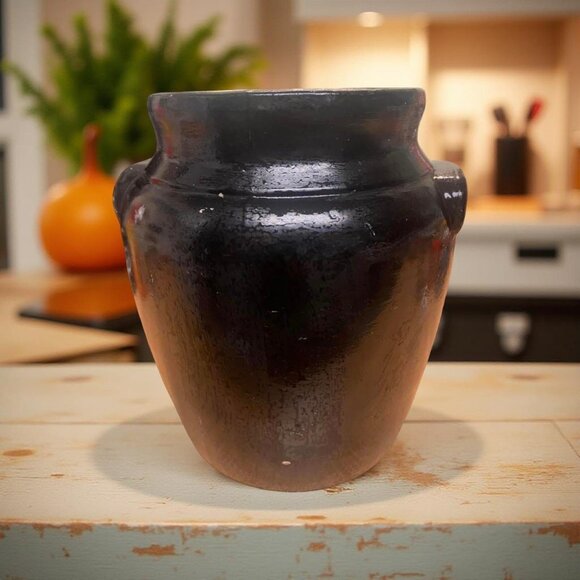 Vintage Hand Painted Pottery Jar Black Glaze Floral Folk Art Vase Rustic Décor - Picture 2 of 8